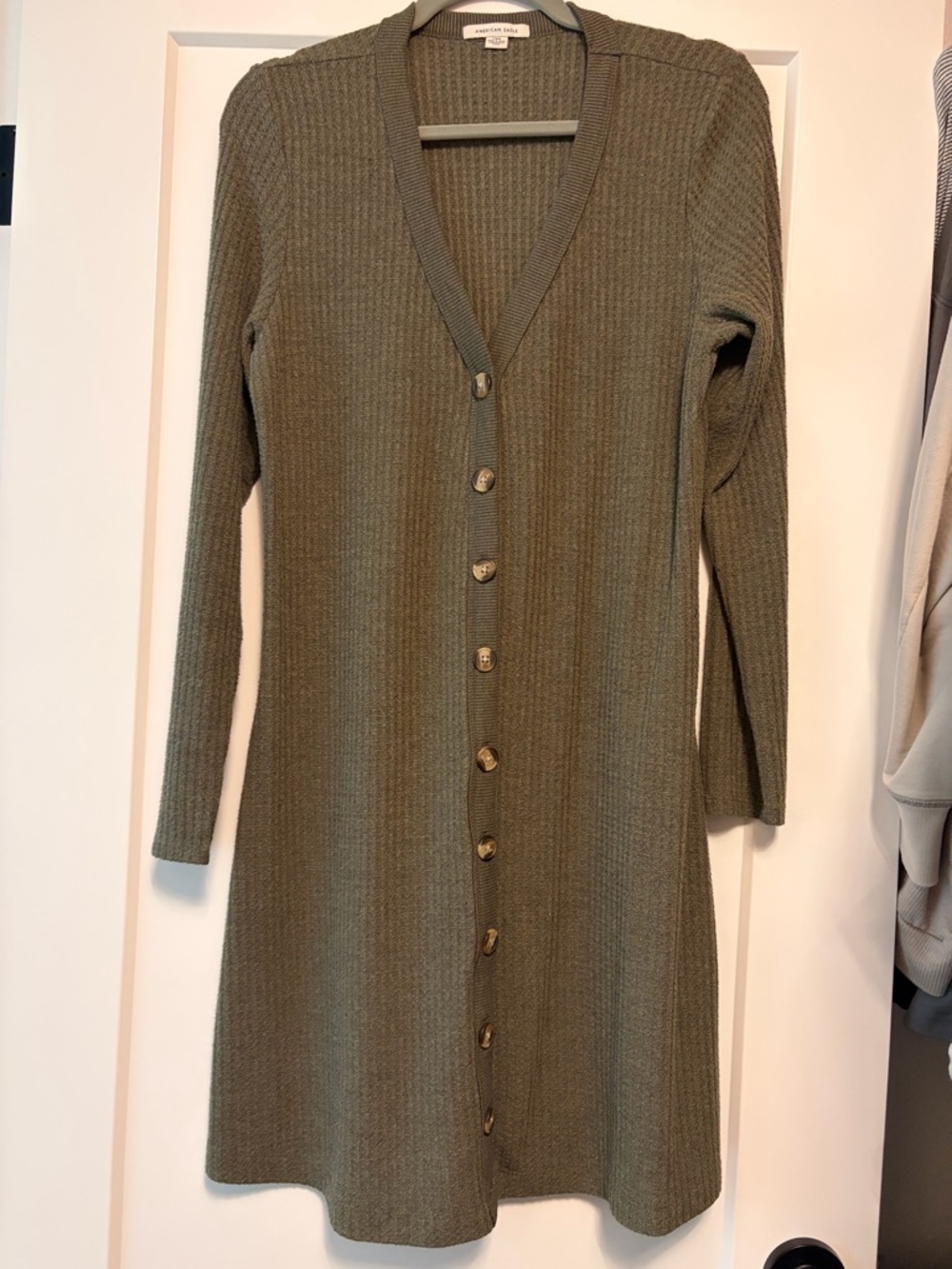 American Eagle Olive Green Waffle Knit Button Down Mini Dress - L